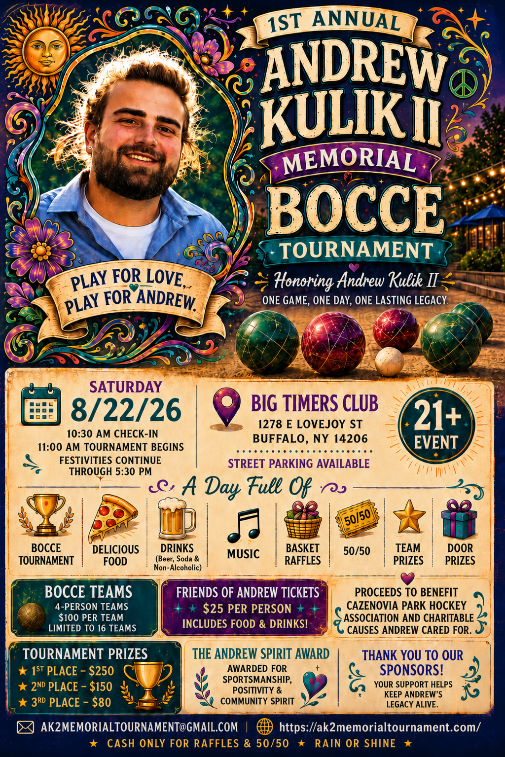 1st Annual Andrew Kulik II Memorial Bocce Tournament — Saturday 8/22/26 at Big Timers Club, Buffalo NY